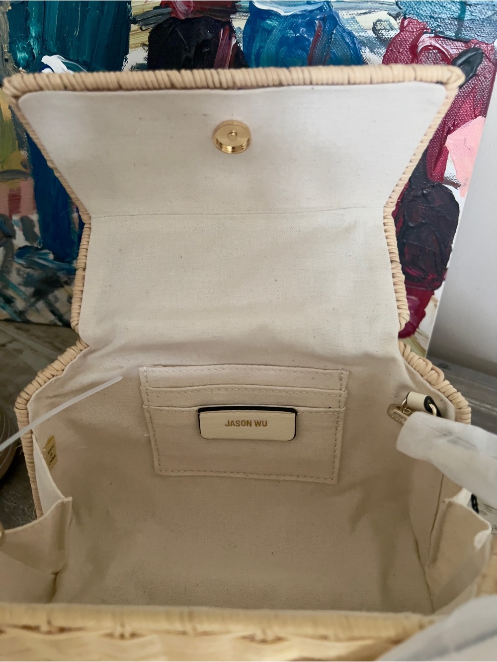 Jason Wu Tina Wicker Top Handle Crossbody Bag in beige. - Picture 4 of 5